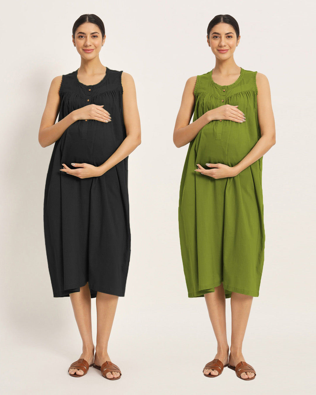 Combo: Black & Sage Green Pregnan-Queen Maternity & Nursing Dress