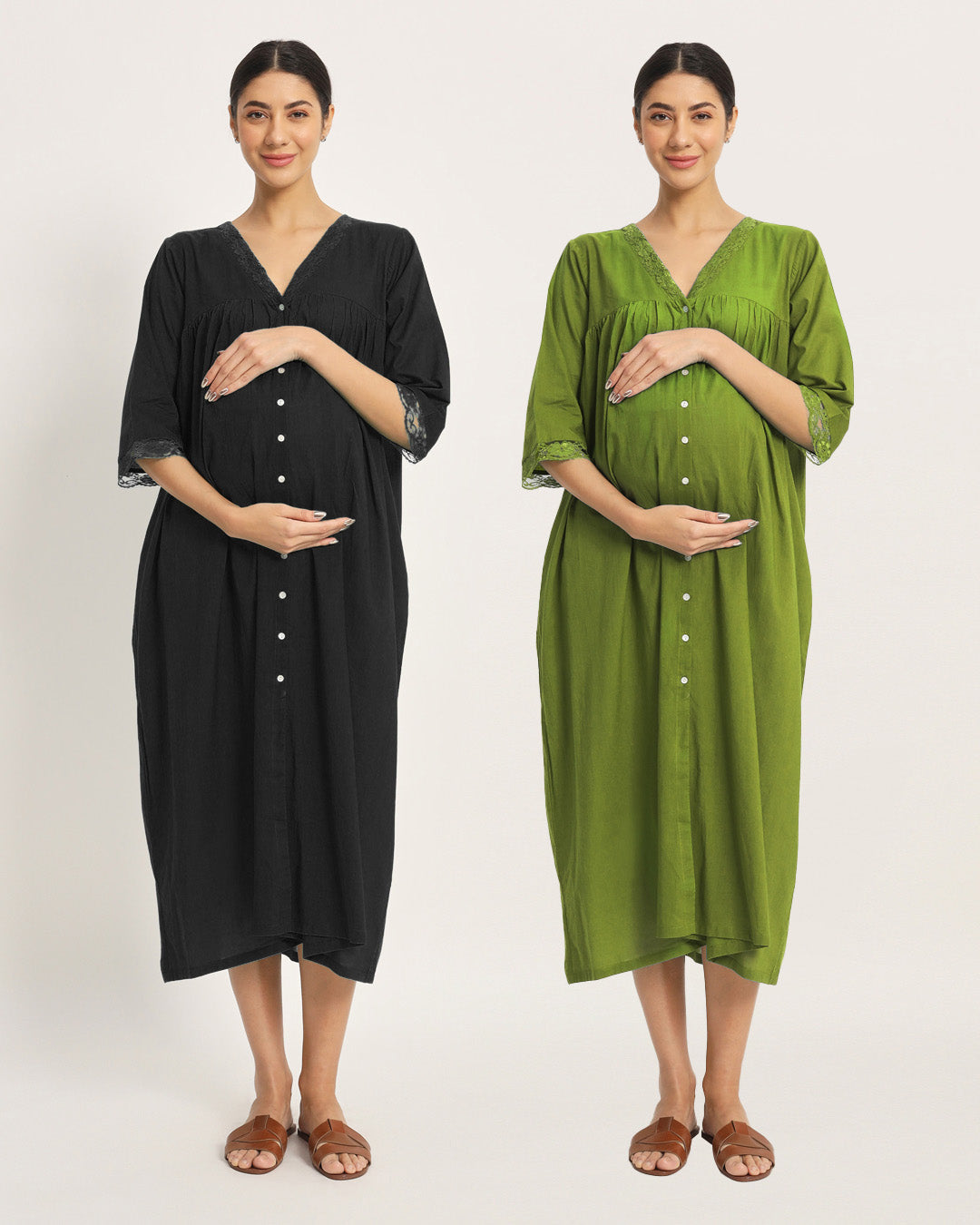 Combo: Black & Sage Green Stylish Preggo Maternity & Nursing Dress - Set of 2