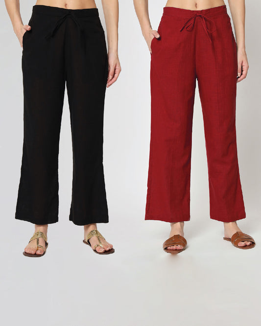 Combo: Black & Russet Red Straight Pants- Set of 2