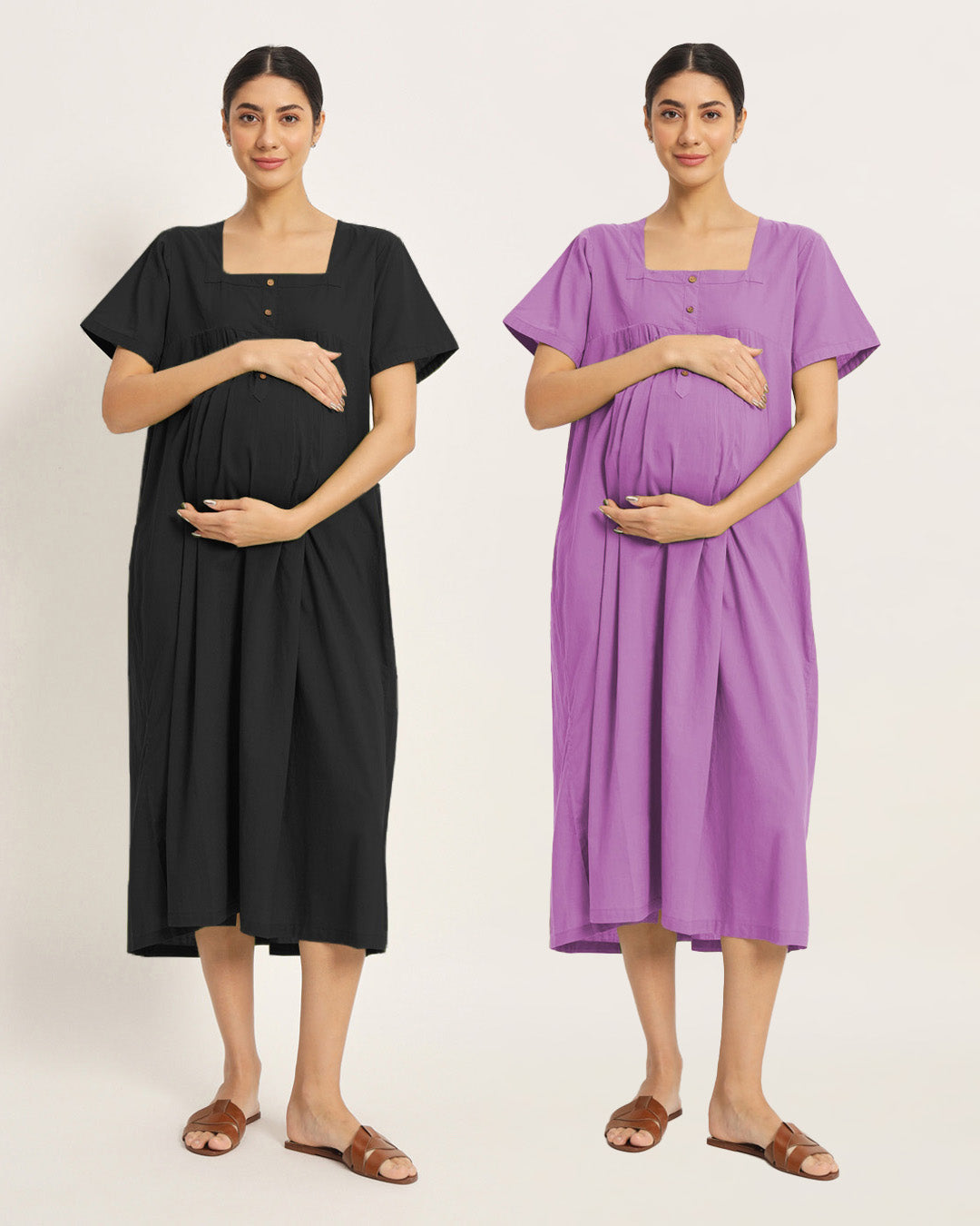 Combo: Black & Wisteria Purple Bump Blessing Maternity & Nursing Dress - Set of 2