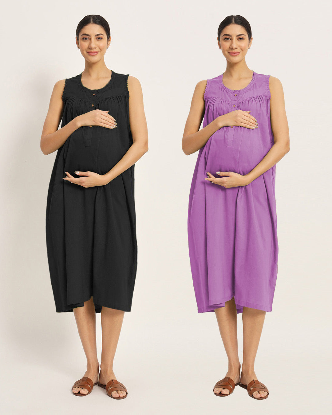 Combo: Black & Wisteria Purple Pregnan-Queen Maternity & Nursing Dress