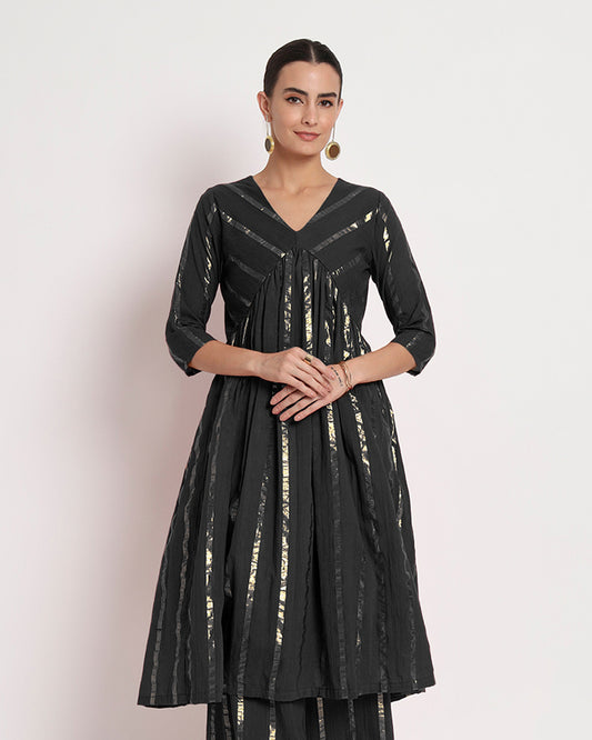 Black Glisten Gala Gathered Kurta (Without Bottoms)