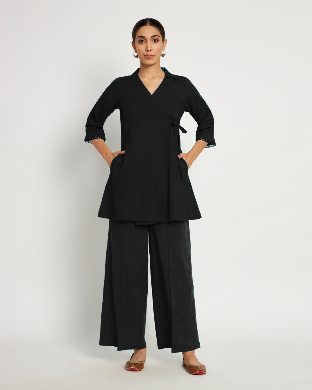 Classic Black Collar Neck Angrakha Solid Top (Without Bottoms)