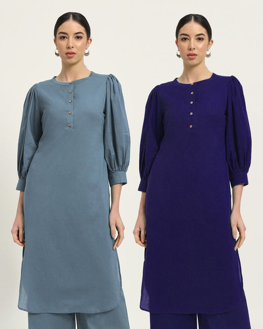 Combo: Blue Dawn & Aurora Purple Balloon Breeze Pot Neck Solid Kurta