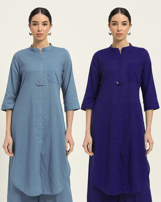 Combo: Blue Dawn & Aurora Purple Urban Retreat Band Collar Kurta