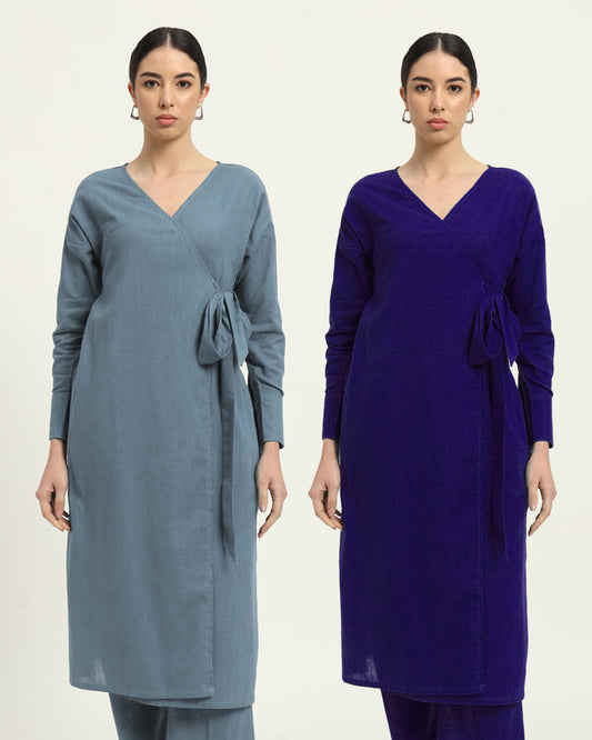 Combo: Blue Dawn & Aurora Purple Boho Harmony Flared Solid Kurta