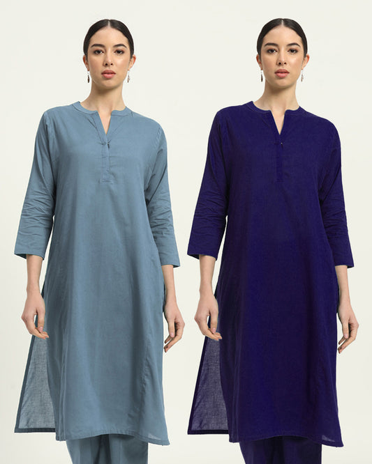 Combo: Blue Dawn & Aurora Purple Everyday Bliss Notch Neck Solid Kurta