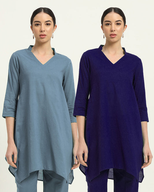 Combo: Blue Dawn & Aurora Purple Fresh Fusion Collar V Solid Kurta