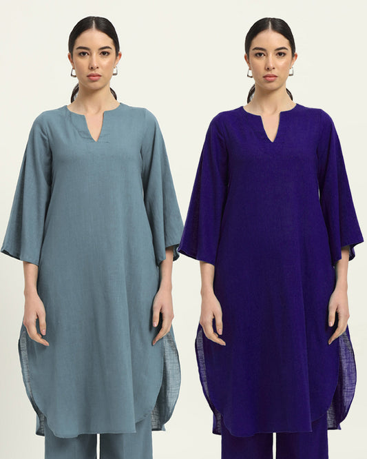 Combo: Blue Dawn & Aurora Purple Rounded Reverie Solid Kurta