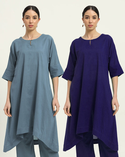 Combo: Blue Dawn & Aurora Purple Flare & Flow Boat Neck Solid Kurta