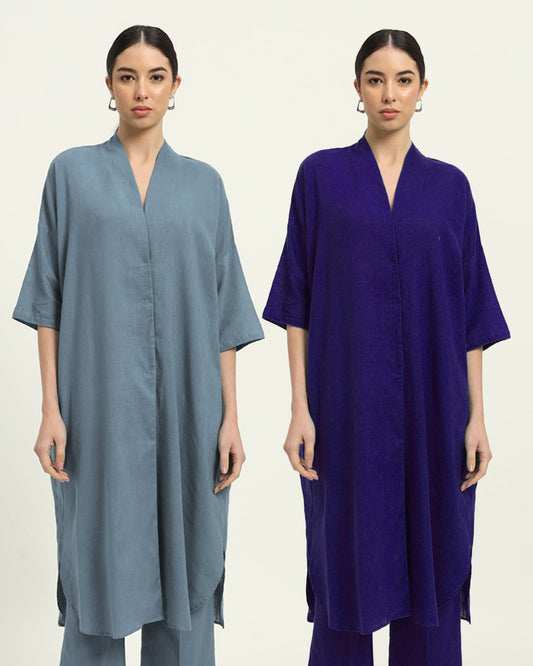 Combo: Blue Dawn & Aurora Purple Serene Sojourn V Neck Solid Kurta