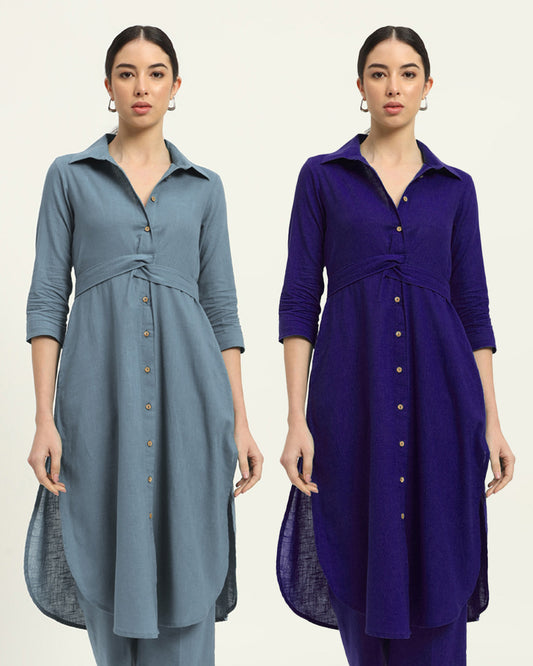 Combo: Blue Dawn & Aurora Purple Bellisimo Belted Solid Kurta