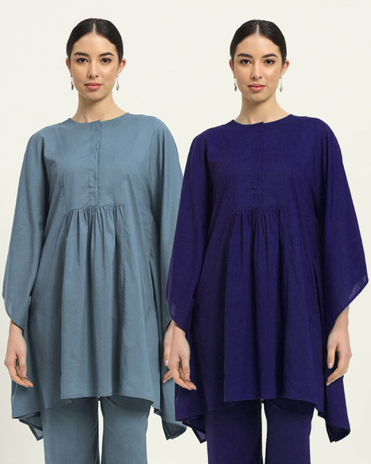 Combo: Blue Dawn & Aurora Purple Kaftan Karess Solid Kurta