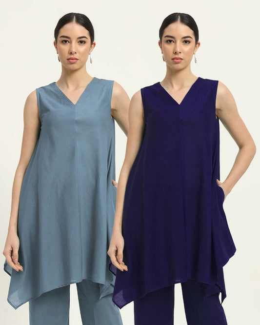 Combo: Blue Dawn & Aurora Purple Midsummer Dream Solid Kurta