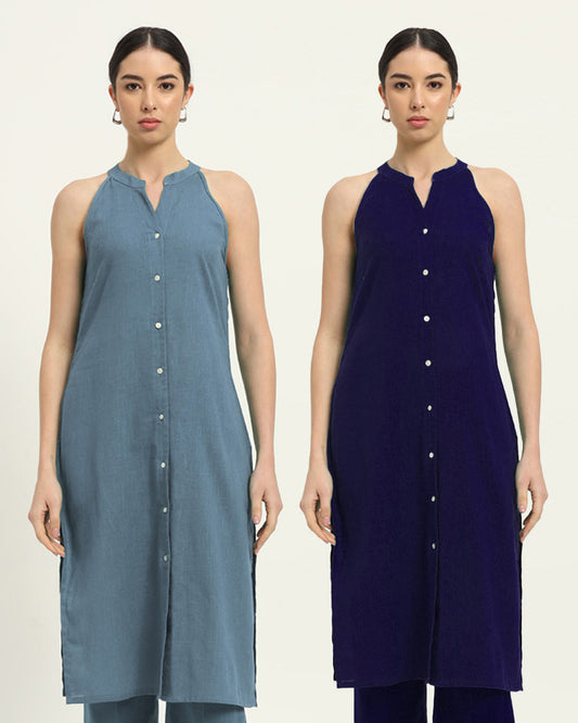 Combo: Blue Dawn & Aurora Purple Mermaid Button Down Solid Kurta