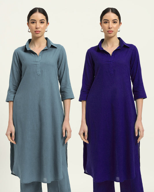 Combo: Blue Dawn & Aurora Purple Collar Comfort Solid Kurta