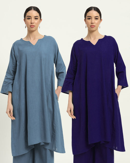 Combo: Blue Dawn & Aurora Purple Royal Resonance Kalidar Solid Kurta