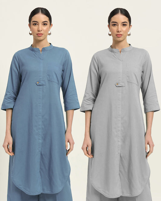 Combo: Blue Dawn & Iced Grey Urban Retreat Band Collar Kurta