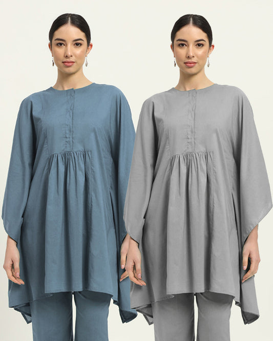 Combo: Blue Dawn & Iced Grey Kaftan Karess Solid Kurta