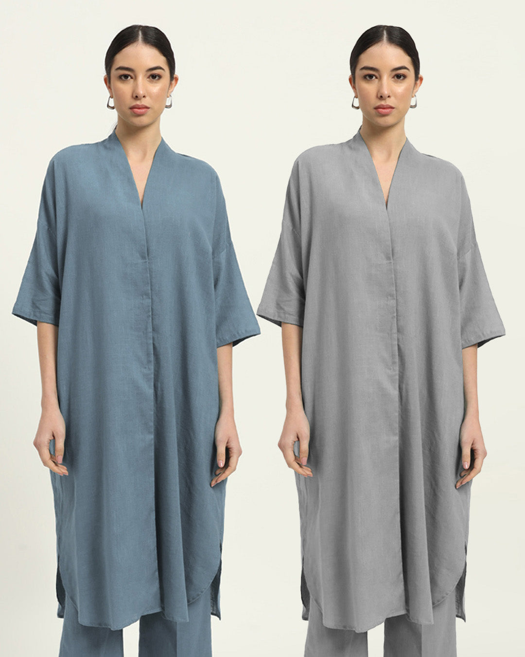 Combo: Blue Dawn & Iced Grey Serene Sojourn V Neck Solid Kurta