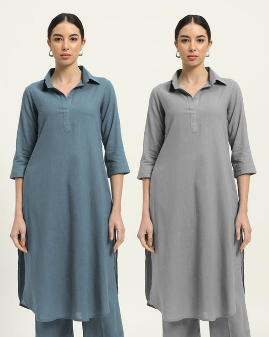 Combo: Blue Dawn & Iced Grey Collar Comfort Solid Kurta