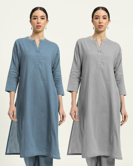 Combo: Blue Dawn & Iced Grey Everyday Bliss Notch Neck Solid Kurta