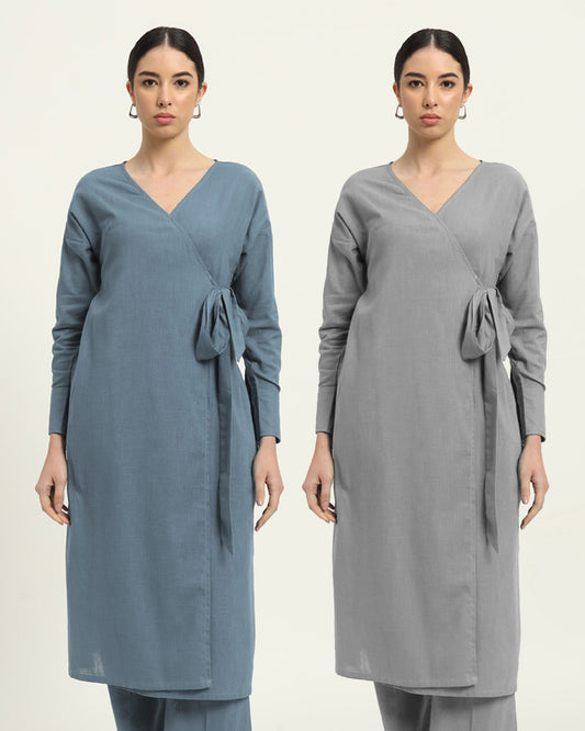 Combo: Blue Dawn & Iced Grey Boho Harmony Flared Solid Kurta