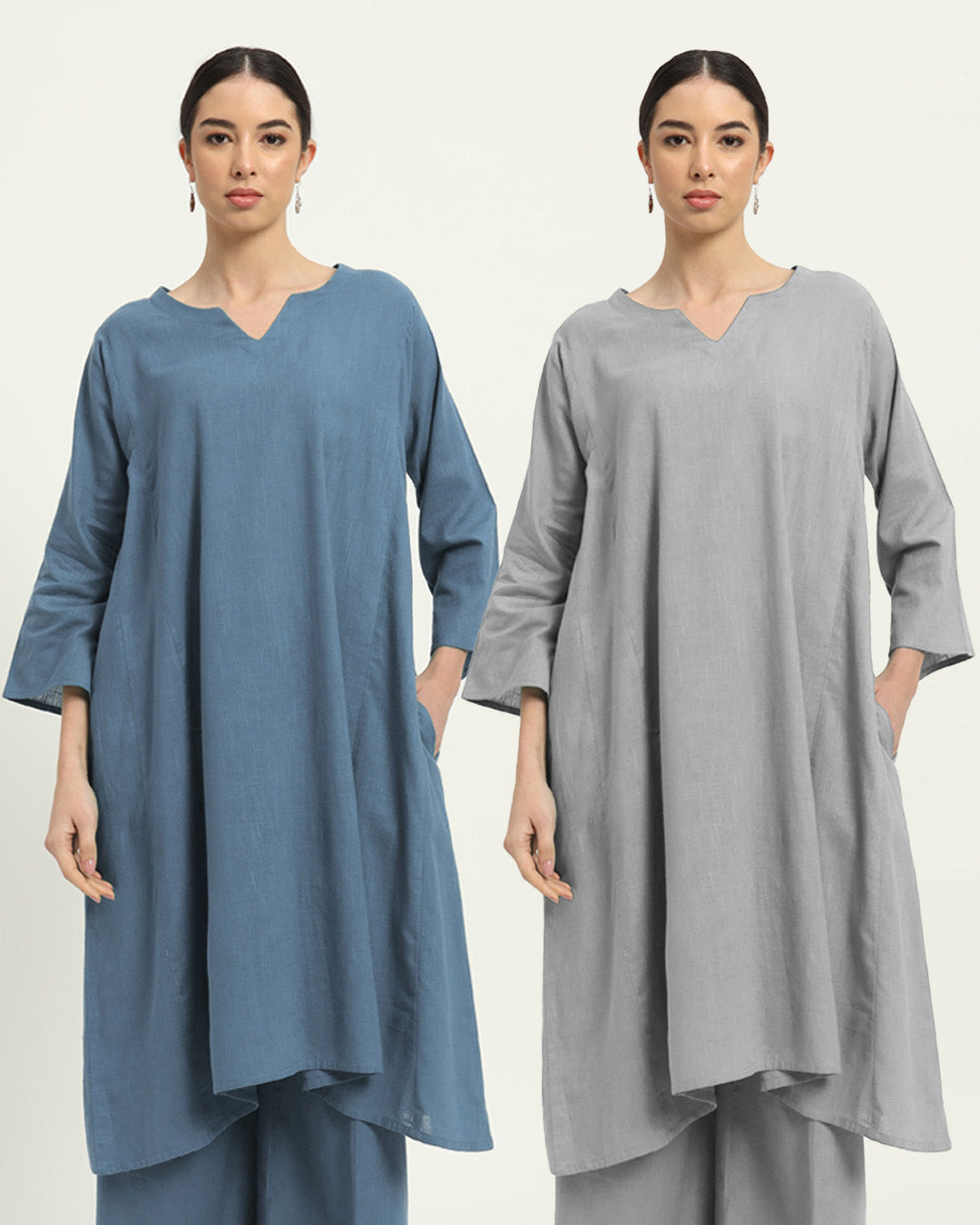 Combo: Blue Dawn & Iced Grey Royal Resonance Kalidar Solid Kurta