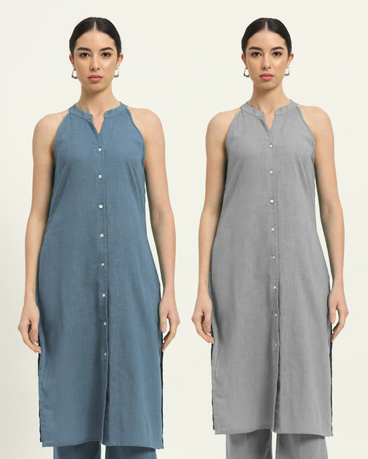 Combo: Blue Dawn & Iced Grey Mermaid Button Down Solid Kurta