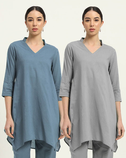 Combo: Blue Dawn & Iced Grey Fresh Fusion Collar V Solid Kurta