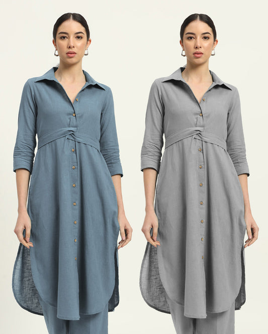 Combo: Blue Dawn & Iced Grey Bellisimo Belted Solid Kurta