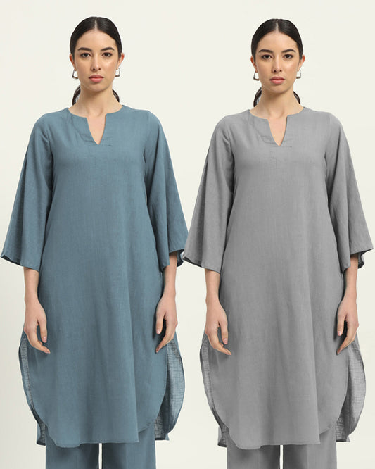 Combo: Blue Dawn & Iced Grey Rounded Reverie Solid Kurta