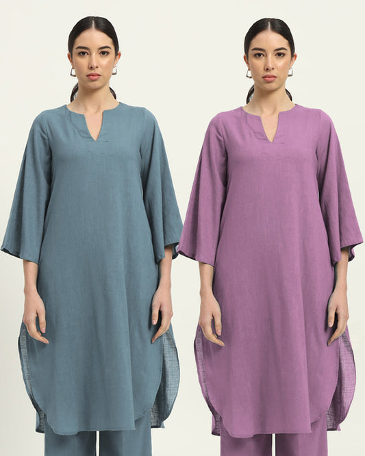 Combo: Blue Dawn & Iris Pink Rounded Reverie Solid Kurta