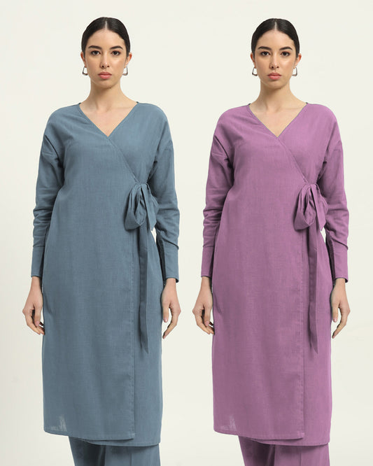 Combo: Blue Dawn & Iris Pink Boho Harmony Flared Solid Kurta