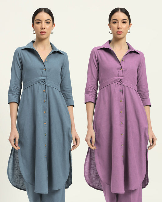 Combo: Blue Dawn & Iris Pink Bellisimo Belted Solid Kurta