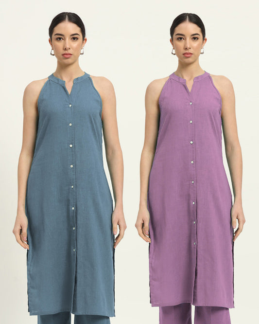 Combo: Blue Dawn & Iris Pink Mermaid Button Down Solid Kurta