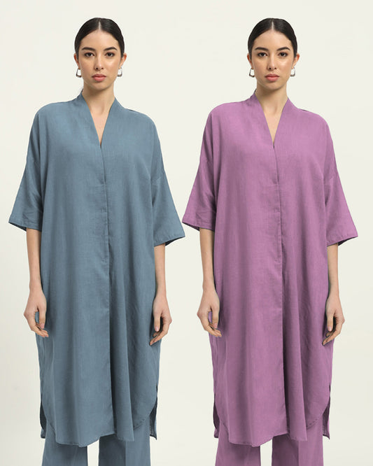 Combo: Blue Dawn & Iris Pink Serene Sojourn V Neck Solid Kurta