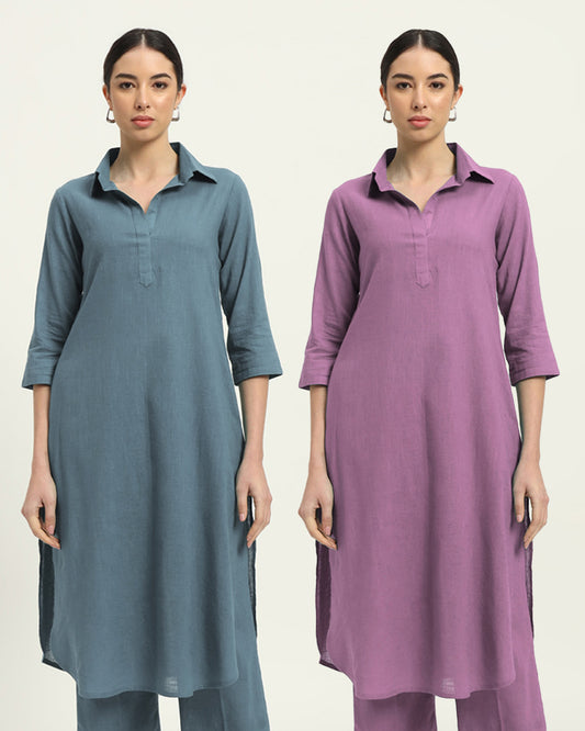 Combo: Blue Dawn & Iris Pink Collar Comfort Solid Kurta