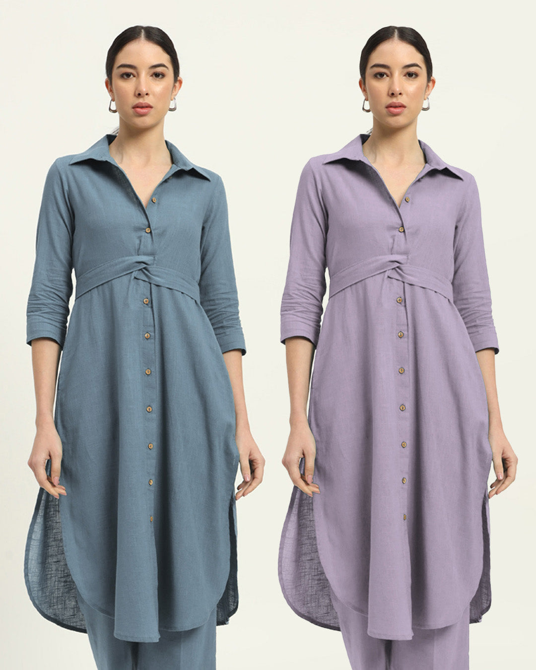 Combo: Blue Dawn & Lilac Bellisimo Belted Solid Kurta