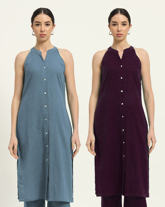 Combo: Blue Dawn & Plum Passion Mermaid Button Down Solid Kurta