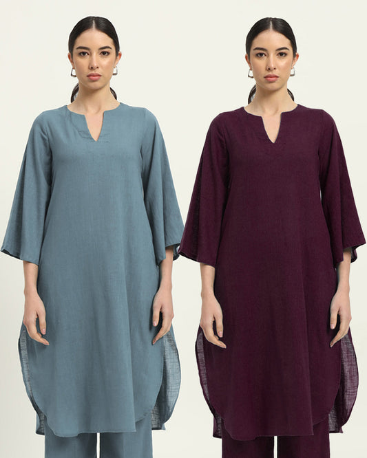 Combo: Blue Dawn & Plum Passion Rounded Reverie Solid Kurta