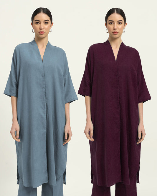 Combo: Blue Dawn & Plum Passion Serene Sojourn V Neck Solid Kurta