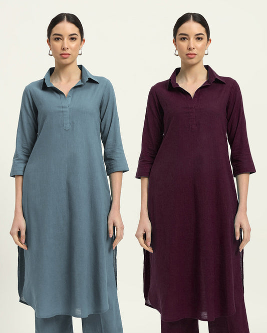 Combo: Blue Dawn & Plum Passion Collar Comfort Solid Kurta