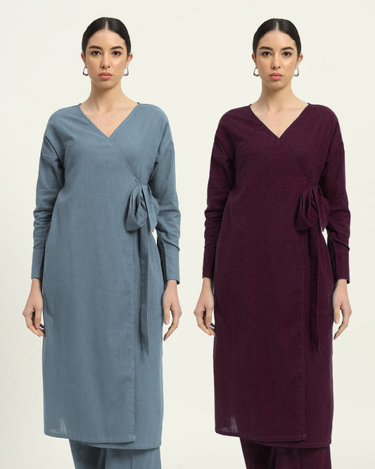 Combo: Blue Dawn & Plum Passion Boho Harmony Flared Solid Kurta