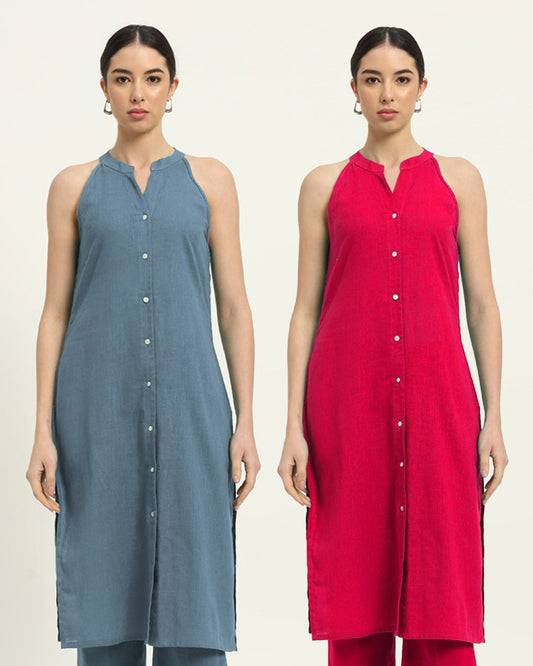 Combo: Blue Dawn & Queen's Gulabi Mermaid Button Down Solid Kurta