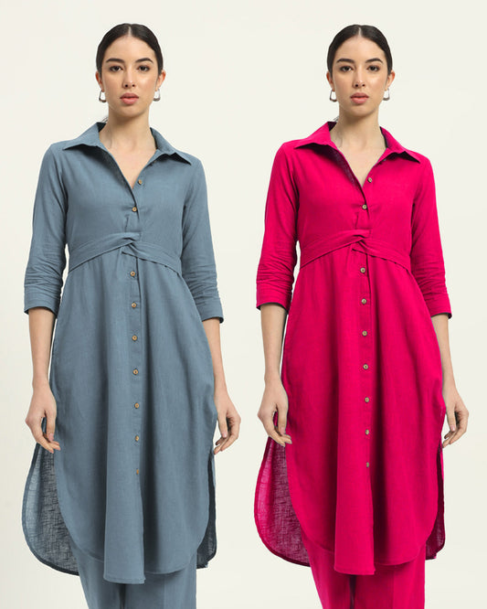 Combo: Blue Dawn & Queen's Gulabi Bellisimo Belted Solid Kurta