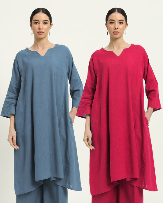 Combo: Blue Dawn & Lilac Royal Resonance Kalidar Solid Kurta