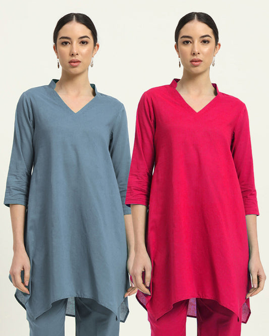 Combo: Blue Dawn & Queens Gulabi Fresh Fusion Collar V Solid Kurta