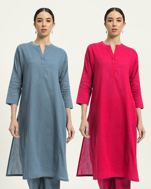 Combo: Blue Dawn & Queens Gulabi Everyday Bliss Notch Neck Solid Kurta