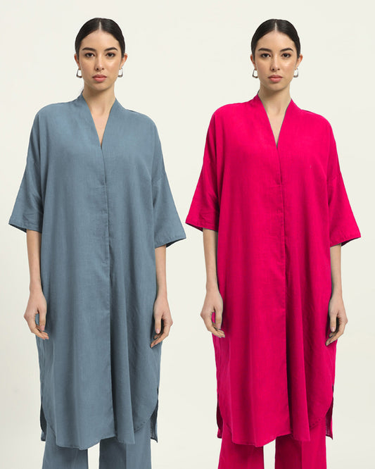 Combo: Blue Dawn & Queen's Gulabi Serene Sojourn V Neck Solid Kurta